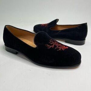 NEW Bing Xu Red Embroidered Coral Reef Black Velvet Slipper Flat Leather Loafers